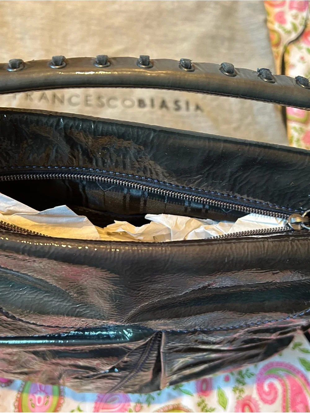 Francesco Biasia Dark Storm Grey Patent Leather Hobo Shoulder Bag